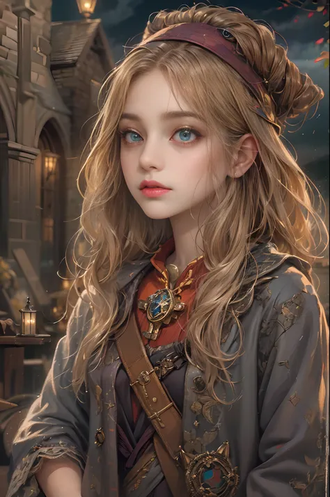 (absurdres, highres, ultra detailed, HDR), masterpiece, best quality, harry potter movie character, pretty heroine, big anime eyes, young girl, sorcerer, witch, detailed scenery, detailed character, art kenouji