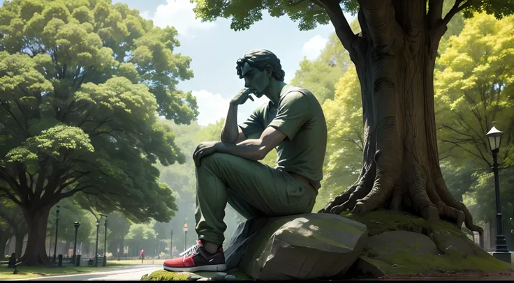 stone statue, Statue of a man sitting on a rock, em frente ao parque, Trees in the park, pensador, O Pensador, Pose de pensador, philosopher, Augusto Rodin, Arte inspiradora, desenho animado, Cartunesco, Absorto em pensamentos, contemplation, pensativo, Ha...