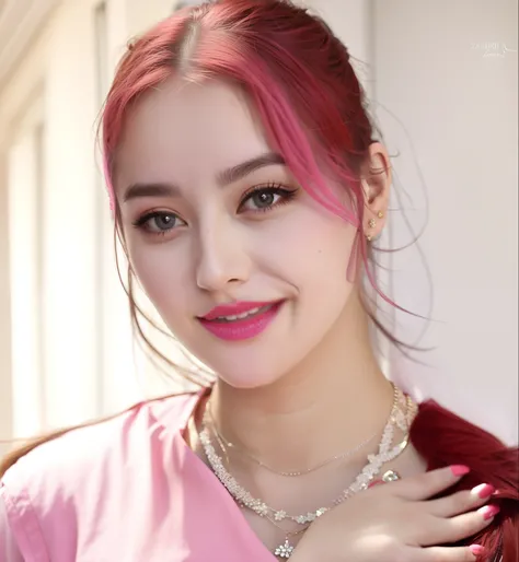 a woman wearing a pink shirt and a necklace, dilraba dilmurat, julia gorokhova, anastasia ovchinnikova, alina ivanchenko, miranda cosgrove, dasha taran, yelena belova, olga buzova, anna nikonova aka newmilky, sofya emelenko, nika maisuradze, in a restauren...