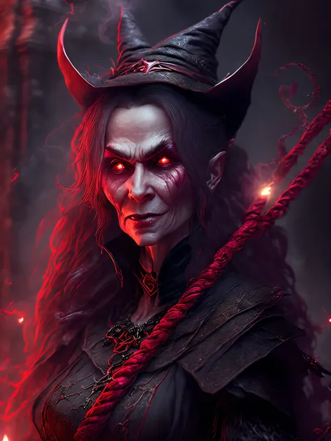 Close-up ( ugly witch with red rope from Marvel in Goth style: 1.3) emerging from the witches castle, extremely detailed, smoke, sparks, metal shavings, flying debris, volumetric light