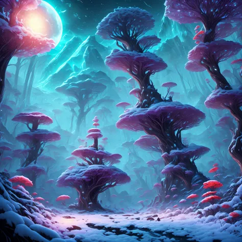 tmasterpiece，Best quality at best，high high quality，extremely detaile，8K，Fantastic snow and ice jungle，Colorful ice magic，glowing sprites，Natural elements in the forest theme，Colorful snow and ice jungle，Epic fantasy art style，Delicate leaves and branches ...