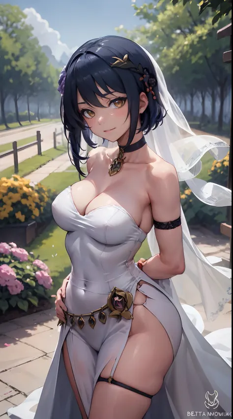 Kujou Sara| genshin impact, master-piece, bestquality, 1girls,25 years old, proportional body, proportional., Wedding Dresses, White Wedding Dress, Long skirt, mediuml breasts, ,bara, choker, Standing in the middle of a flower garden, outdoor, The sky is b...