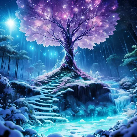 tmasterpiece，Best quality at best，high high quality，extremely detaile，8K，Fantastic snow and ice jungle，ice witch，Colorful ice magic，glowing sprites，Natural elements in the forest theme，Colorful snow and ice jungle，Epic fantasy art style，Delicate leaves and...