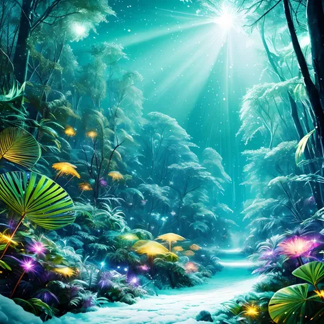 tmasterpiece，Best quality at best，high high quality，extremely detaile，8K，Fantastic snow and ice jungle，ice witch，Colorful ice magic，glowing sprites，Natural elements in the forest theme，Colorful snow and ice jungle，Epic fantasy art style，Delicate leaves and...