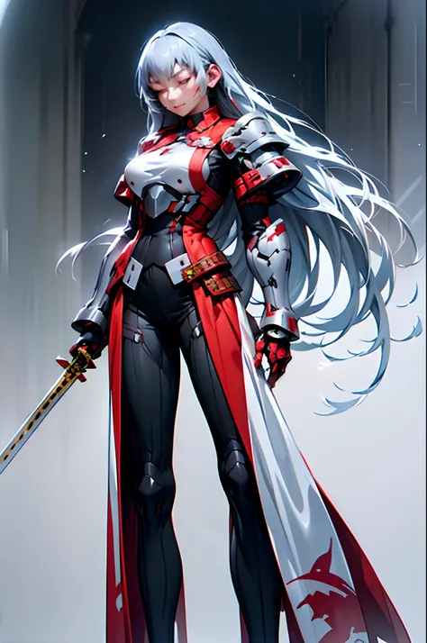 Shiryuu, tunic, saber holding, standing closed eye, silver hair,full body, armored, assasin killer murder armor, mystic armor