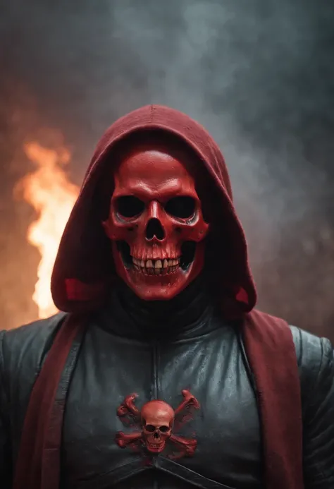 imagine um personagem de terror, Male with human body and skull head, With the realistic red skull