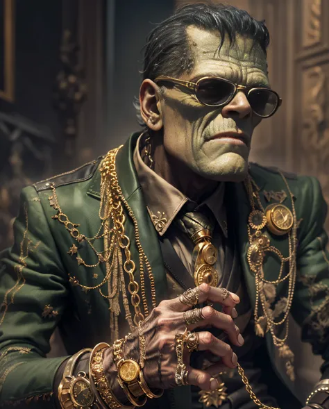 Frankenstein monster, rotten, with black glasses, gold watch, thick gold chains, wearing old suit, ((hyper detailed)), (not duplicated)