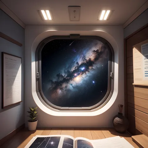 Create an image of a view of space from inside a ship