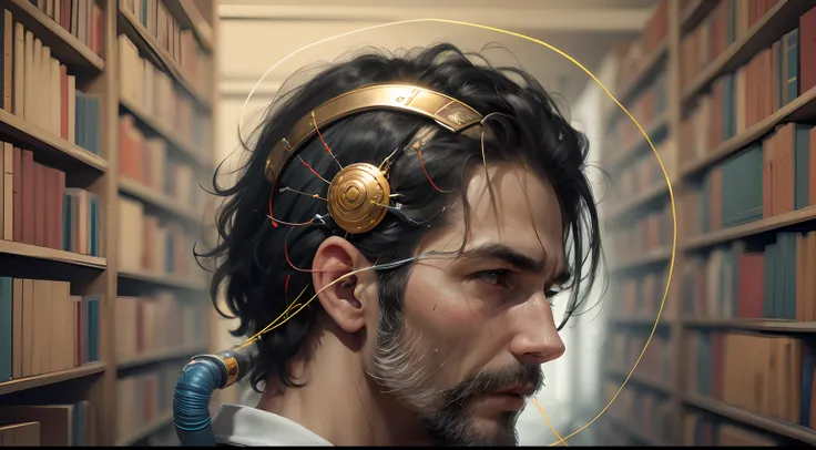 Greek man, cables connected to the brain, books, knowledge