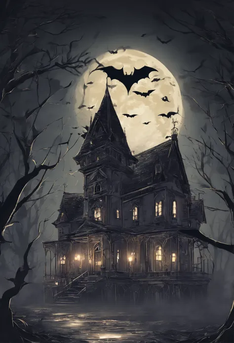 (best quality,4k,8k,highres,masterpiece:1.2),ultra-detailed,(realistic,photorealistic,photo-realistic:1.37),spooky cute bat, haunted mansion, full moon, dark atmosphere, gothic architecture, eerie shadows, misty surroundings, moonlight reflection, intense ...