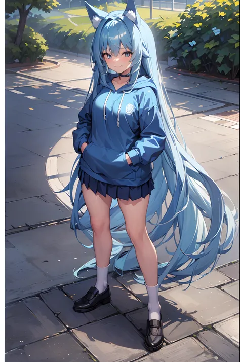 (Masterpiece) (High Detail) (High Res) A small petite humanoid girl with long blue hair, blue dog ears and a fluffy dog tail, is stood in the middle of a park. Stood up. Full body reference image. white socks, blue hoodie, pleated skirt. png, blank backgro...