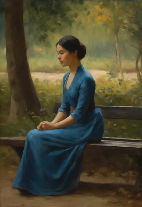 Painting of a young Vietnamese woman in blue Áo dài, Sitting on a bench in a wooded area, Eine junge Frau, Classical oil painting, von Jean Baptiste Camille Corot, young woman, Mihaly Munkacsy, inspired by Adolf Hirémy-Hirschl, William - Adolphe Bouguerea,...