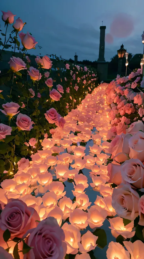 Flowers are lit in water and candles, rose pink lighting, Glowing flowers, lights with bloom, Luminous flowers, portal made of roses, beautiful light up, Floating lights, soft bloom lighting, Soft glow, romantic motifs, roses in cinematic light, field of f...