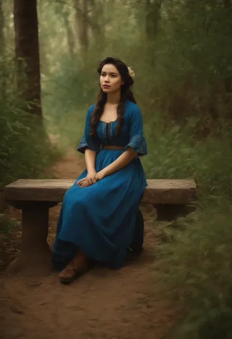 Painting of a young Vietnamese woman in blue Áo dài, Sitting on a bench in a wooded area, Eine junge Frau, Classical oil painting, von Jean Baptiste Camille Corot, young woman, Mihaly Munkacsy, inspired by Adolf Hirémy-Hirschl, William - Adolphe Bouguerea,...