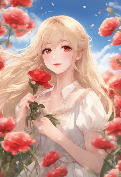 Wavy blonde、red eyes、Beautiful girl alone、独奏、animesque、Have a bouquet、doress、flower  field、a smile