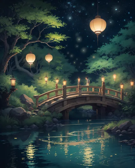 A nightscape inspired by Japanese art, with a garden lit by paper lanterns and a wooden bridge over a tranquil lake. The starry sky is reflected in the water, creating a magical environment. On the shore of the lake, there is a small Zen temple lit by cand...