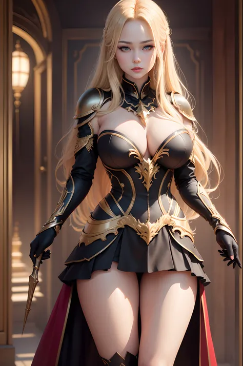 ((8K,High image quality High image quality、​masterpiece：1.4))、1、Long Blonde Hair、gradation hair、Super Beautiful Demon Hunter、beautiful expression、red-lips,beautidful eyes、Models with large breasts、Perfect face shape、Black and bright red sexy chest armor、Gl...