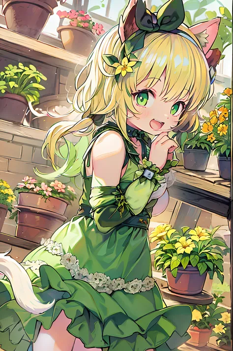 1girl in, :D, animal ear fluff, Animal ears, Bangs, black hairband, Blonde hair, Blurry, Blurry background, depth of fields, Dress, flower, flower pots, frilly dress, frilld, Green dress, Green eyes, shairband, Holding, Long hair, Open mouth, pink flowers,...