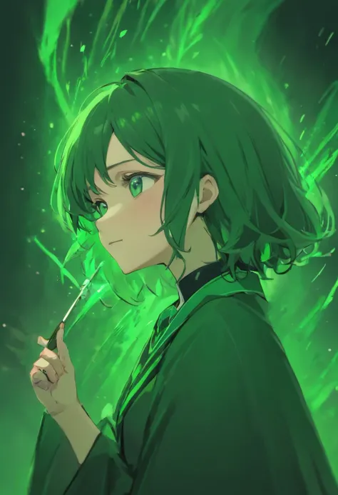 Snape waved his wand，Close-up of bust，Slytherin school uniform，Realistic1:3，Ghibli anime，clean backdrop，Light sense，4K，