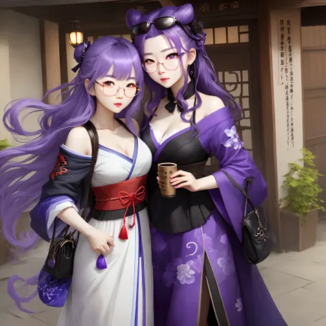 Purple hair、　Blue and purple odd-eye、Purple Sunglasses((Sheer are visible))、Genshin characters、adult lady(Skin is more transparent)