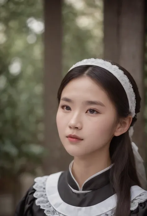 A 16-year-old Chinese girl，Wearing a maid outfit