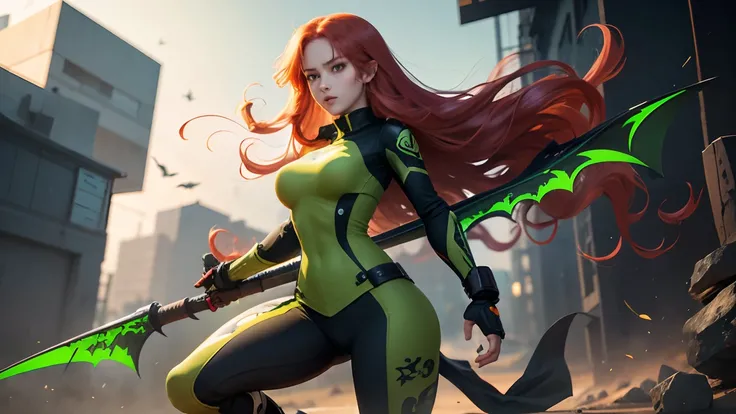 22 year old woman, long red hair, green clothes with yellow details, dark pants, brown boots, green eyes, bat combat weapon, full body, anime style, well designed and well detailed, She is in a training camp training her physical skills