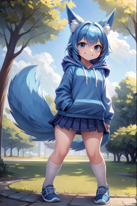 (Masterpiece) (High Detail) (High Res) A small petite humanoid girl with long blue hair, blue dog ears and a fluffy dog tail, is stood in the middle of a park. Stood up. Full body reference image. white socks, blue hoodie, pleated skirt. png, blank backgro...