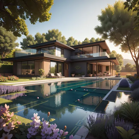 Organic modern architecture on a fairly large plot, from , there is a swimming pool in the middle of a large house of a flower, color of the house in chocolate brown and black beams, large modern residence, flat roofs and garden, render luxcore, render okt...