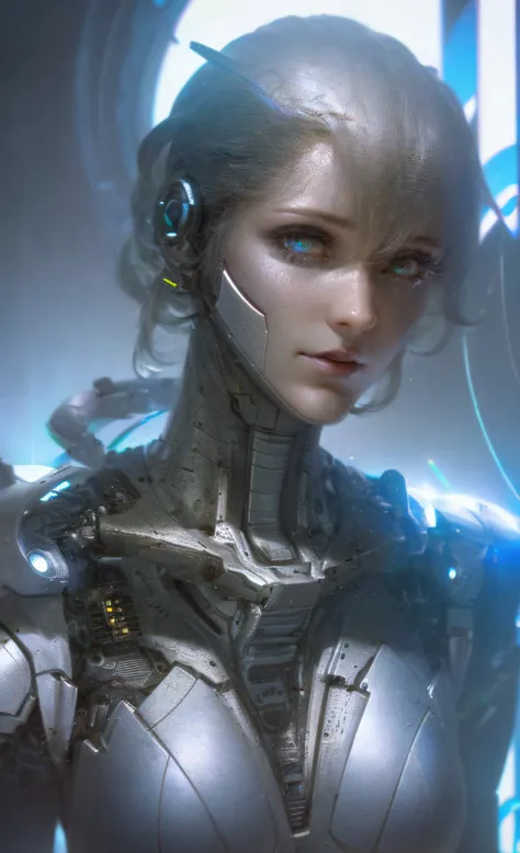 a woman，（editorial close-up portrait of cyber ghost）、hack、code、cyborg、sci-fi、sharp focus、degrees of freedom、bokeh、extremely deta...