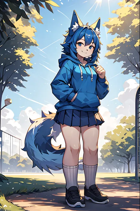 (Masterpiece) (High Detail) (High Res) A small petite humanoid girl with long blue hair, blue dog ears and a fluffy dog tail, is stood in the middle of a park. Stood up. Full body reference image. white socks, blue hoodie, pleated skirt. png, blank backgro...