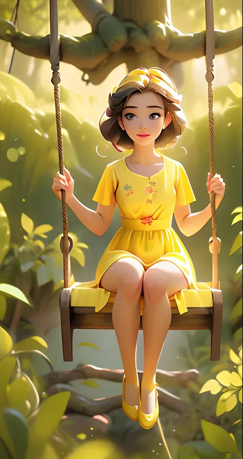 45 degree angle view Full body picture of a beautiful 25 year-old girl playing on a swing hanging in a lonely forest tree, wearing flowery short yellow colour swirly frock, attractive feminine form, beautiful thighs, morning light, Disney Pixar