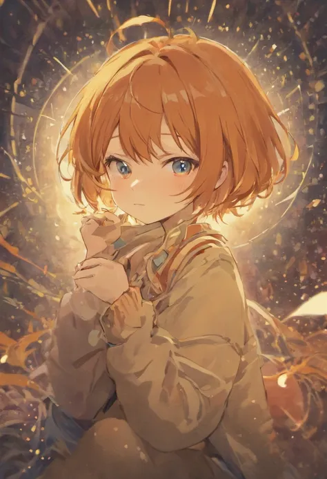 Draw for me an anime girl sitting, she has a gentle looking eyes colored light brown with sparking orange bits, her hair consist of two layers the first layer is short hair that goes under her chin like a bob cut, and then she has 2 longer hairs sticking o...