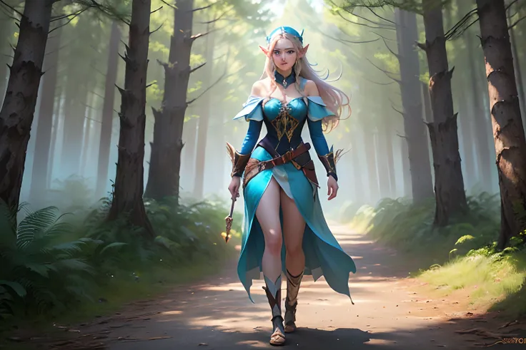 Fantasy wood area with a female bard elf age 22 with light blue sharp eyes and long wavy hair braided to the left shoulder standing in a forest, extremely detailed artgerm, fanart best artstation, detailed digital anime art, 8k high quality detailed art, a...