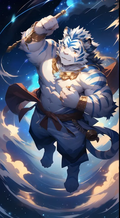 (by null-ghost, by thebigslick, By Darkgem, by Honovy), Kogenta (Onmyoji Oyamaji Temple), high-definition photograph, Perfect anatomy, Anthropomorphic white tiger, male people, 20yr old, Deities, Thick eyebrows, Light blue stripes, Strong body, large pecs,...