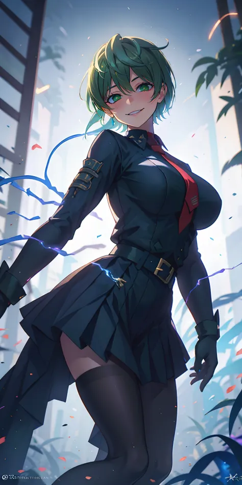 tenka izumo, (short hair, green hair:1.6), green eyes, multicolored hair, sweating, glowing eyes, heavy breathing, 1girl, breasts, (electricity:1.4), large_breasts, skirt, blurry, pleated_skirt, depth_of_field, gloves, belt, school_uniform,  long_sleeves, ...