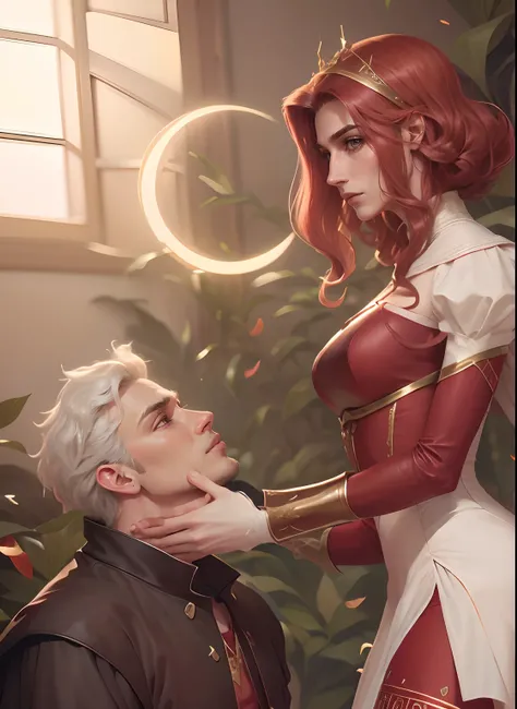 Casal, deusa de longos cabelos vermelho, morcegos e lua brilhante, homem, deus grego, homem de cabelo escuro, lugar escuro, estilo "The Cruel Prince"