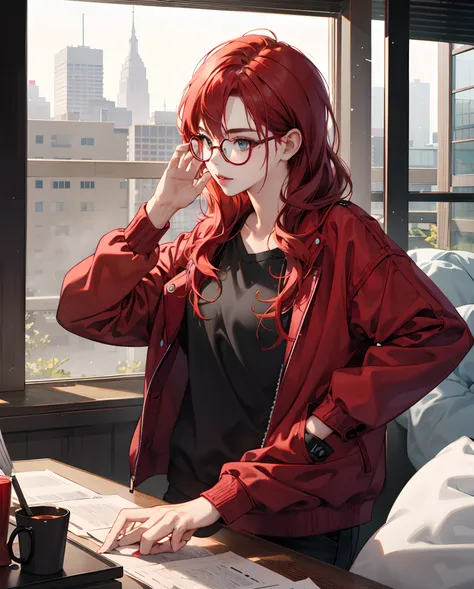 Girl with red hair and habitual glasses