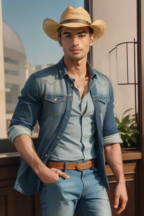 year: 2023. Location: London. Pre-Raphaelite scene with a 27-year-old (Theo James), bachelor party, cowboy hat, ((happy)), ((smug smirk)), ((((casual Clothing from the 2020s)))) ((Hairstyle of the 2020s)), pastel colors, (((cinematic style)))