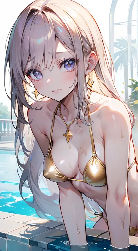 NSFW,1 beauty, (Light Purple Eyeshadow),platinum-blonde-hair, thick body、thick neck、broad shoulders、Smaller face、((tiny chest、pointed chest、Drops falling from the tip of the chest)), Watery Big Eyes,Beautiful constriction,teeth protrude slightly,Shy smile,...