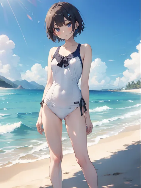 high-level image quality、top-quality、Full limbs、complete fingers、Beautuful Women、1 persons、embarassed expression、Bery short hair、hair pin、White School Swimsuit、knee high、Indentation、standingn、Grow legs、Summer Beach