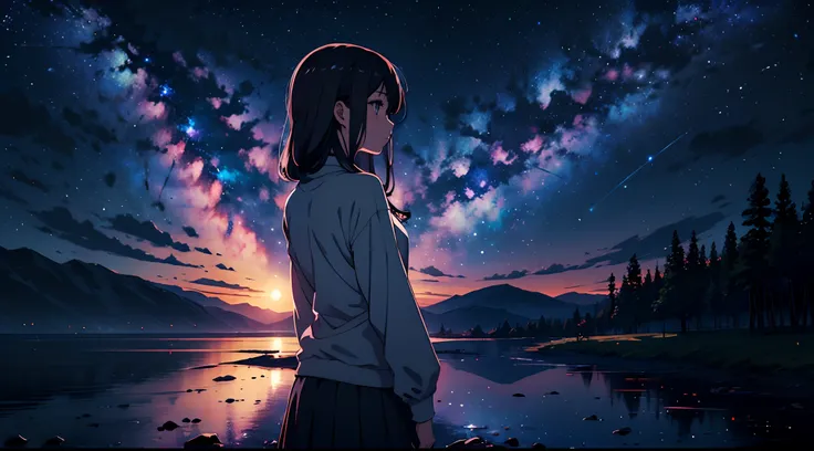 Masterpiece, 4k, anime girl looking at the sky, midnight sky, sky has so many stars, beautiful sky, beautiful girl, night, beautiful world, dark