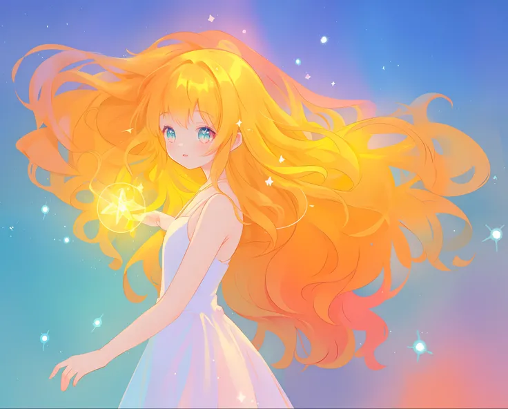 beautiful girl in white layered ballgown, vibrant pastel colors, (colorful), magical lights, golden long wavy hair, sparkling lines of light, inspired by Glen Keane, inspired by Lois van Baarle, disney art style, by Lois van Baarle, glowing aura around her...