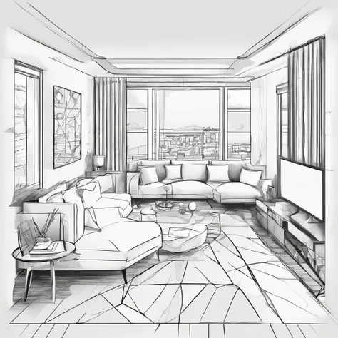 Small living room、Correct perspective、dessin au trait、outlines、Medium omission、unmanned、escala cinza