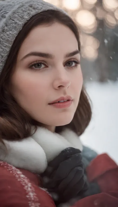 25 year old woman on an icy mountain full of snow near a tent, her face is almost freezing and snow is on her glass she looks very cold, ultra realistic photo, she is looking at the camera, part of her body found front with the camera, looking straight int...