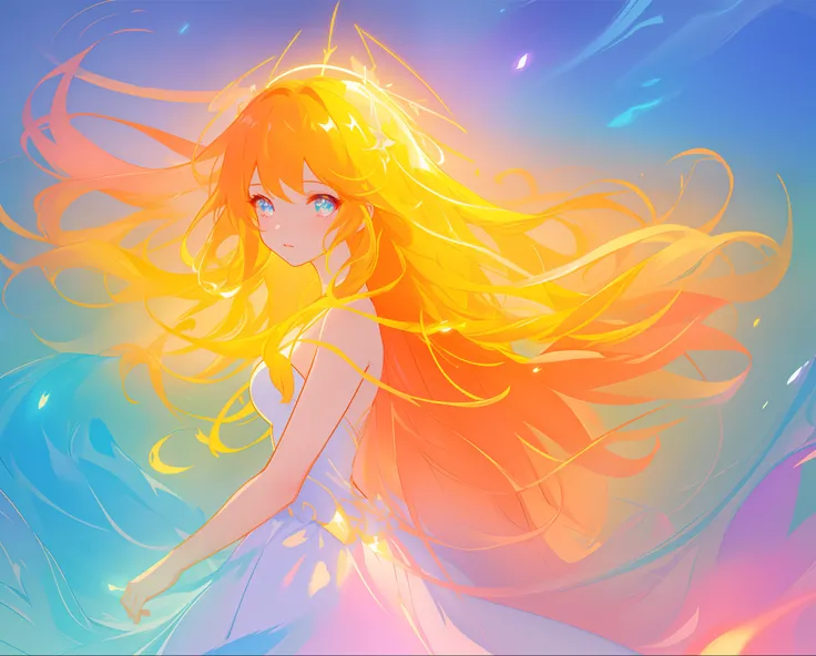 beautiful girl in white layered ballgown, vibrant pastel colors, (colorful), magical lights, golden long wavy hair, sparkling lines of light, inspired by Glen Keane, inspired by Lois van Baarle, disney art style, by Lois van Baarle, glowing aura around her...