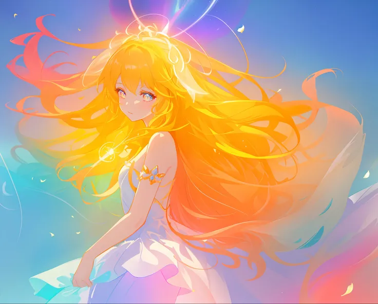 beautiful girl in white layered ballgown, vibrant pastel colors, (colorful), magical lights, golden long wavy hair, sparkling lines of light, inspired by Glen Keane, inspired by Lois van Baarle, disney art style, by Lois van Baarle, glowing aura around her...