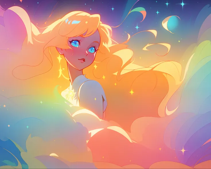 beautiful girl in white layered ballgown, vibrant pastel colors, (colorful), magical lights, golden long wavy hair, sparkling lines of light, inspired by Glen Keane, inspired by Lois van Baarle, disney art style, by Lois van Baarle, glowing aura around her...