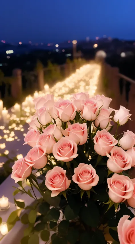 There are a lot of white roses in the vase on the table, rose pink lighting, roses in cinematic light, melanchonic rose soft light, lights with bloom, Glowing flowers, In the evening, Luminous flowers, for a beautiful, romantic motifs, photo taken at night...