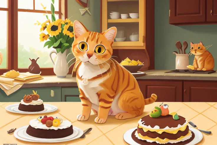 closeup, a yellow tabby cat sitting on a kitchen table, looking at and ready to attack a chocolate cake that has come fresh out of the over and is sitting at the center of the kitchen table