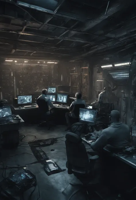 a group of people in a room with multiple computers and monitors, sci-fi cybernetic implants hq, cybersuits, futuristic cloning facility, cyber skeletons, diverse cybersuits, neon scales and cyborg tech, advanced digital cyberpunk art, muted cyberpunk styl...